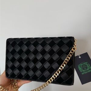 Bottega Veneta Black Velvet Satin Woven Chain Shoulder Bag